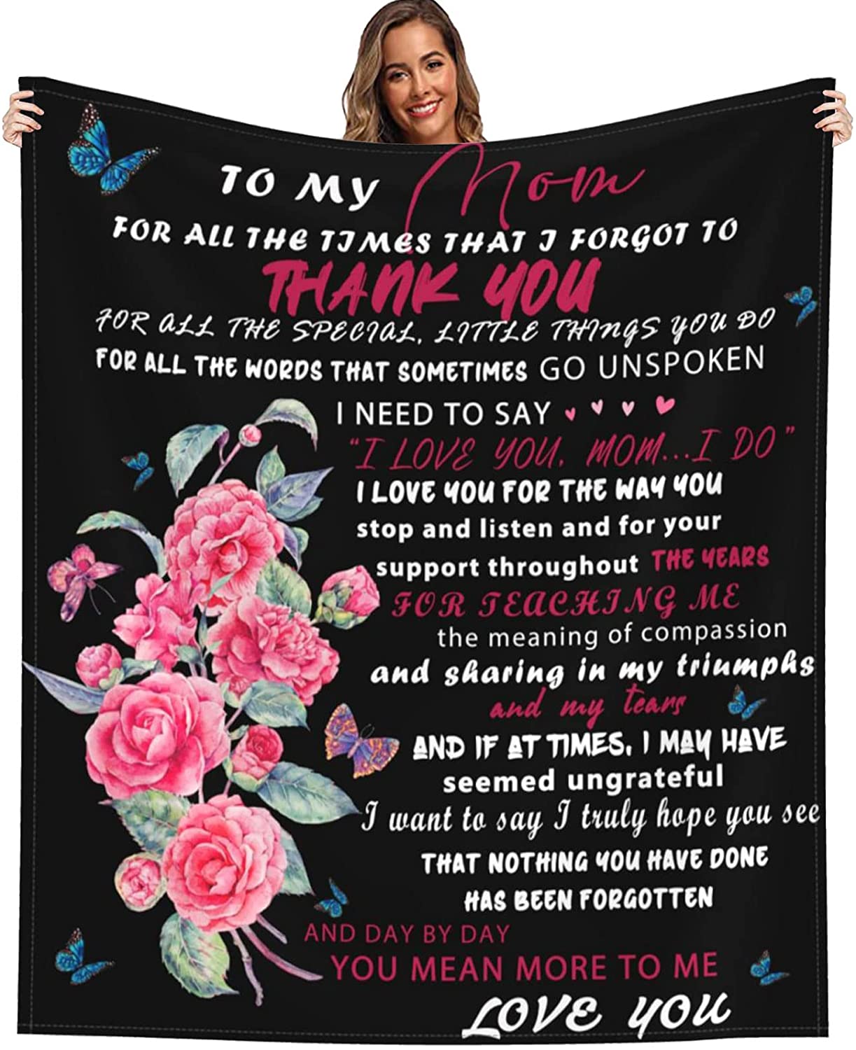 Mom Gift from Son Daughter Personalized Soft Flannel Blankets Flower Butterfly Throw Blankets Gift for Mothers Day Birthday Family Holiday 50"x 60"