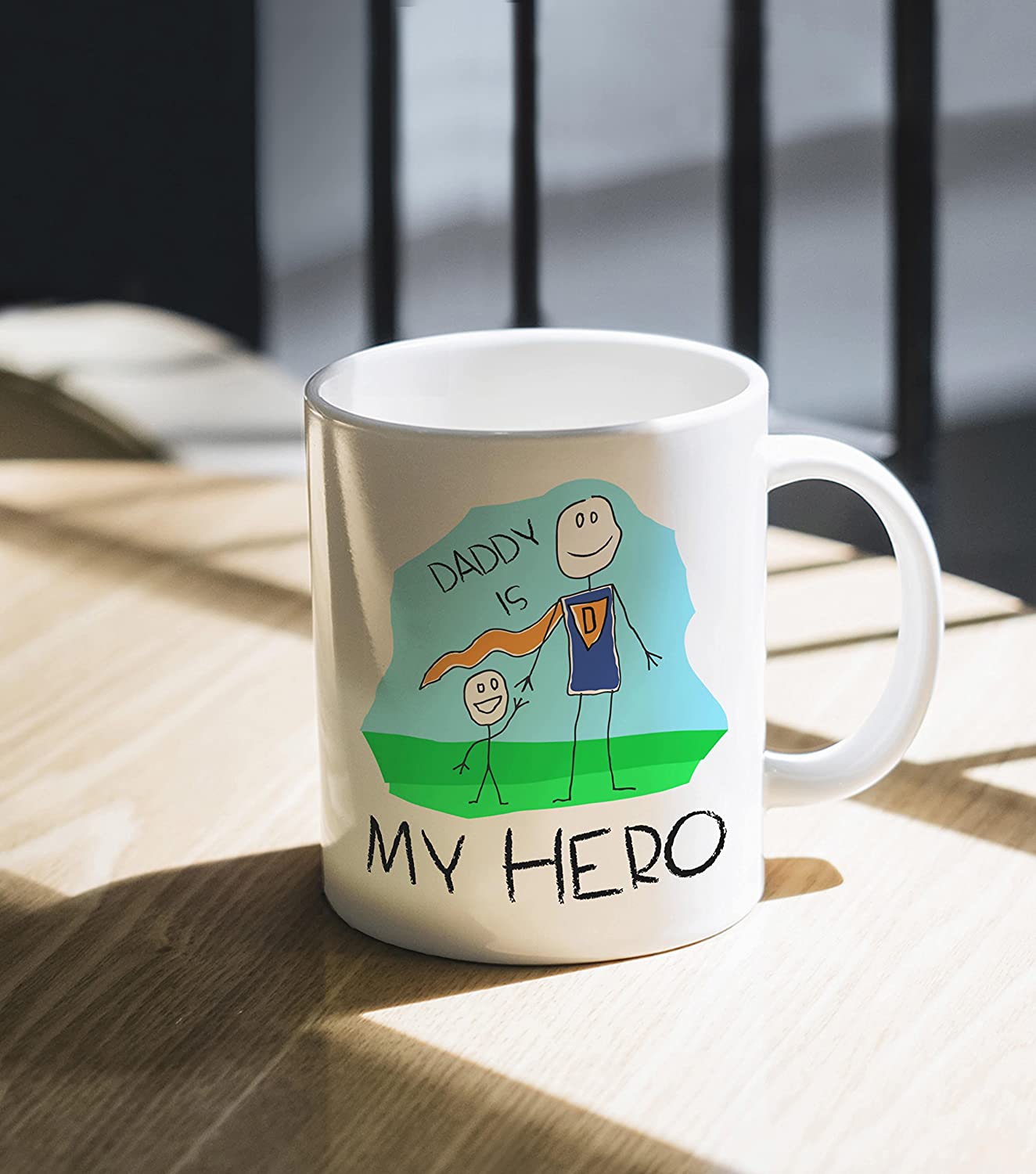 Daddy Is My Hero Kids Drawing - Super Dad Coffee Mug Father's Day Gift from Son, Daughter or Wife, Unique Present for Dad's Birthday Tea Cup