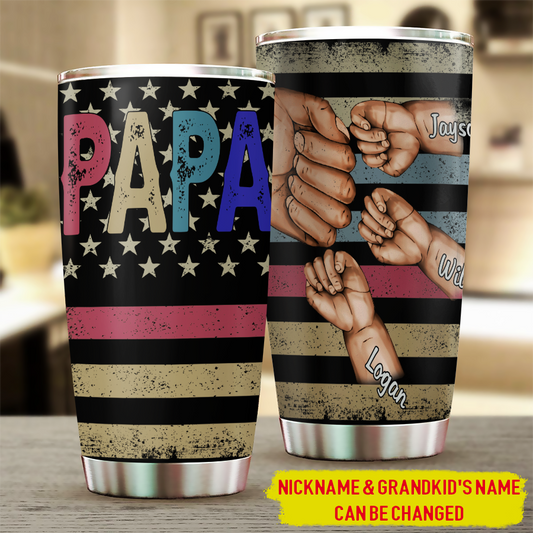 20 oz Tumbler 20 oz Personalized Papa Grandkids Hands Flag Tumbler Cup with Lid