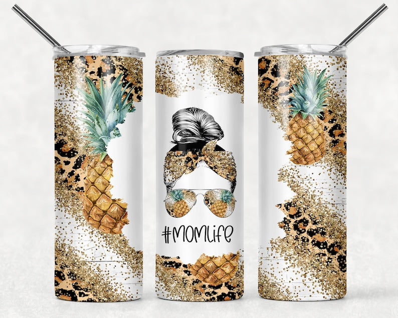 20OZ Skinny Tumbler, Pineapple Mom Life Mom Bun Leopard Print Confetti Gold Cheetah