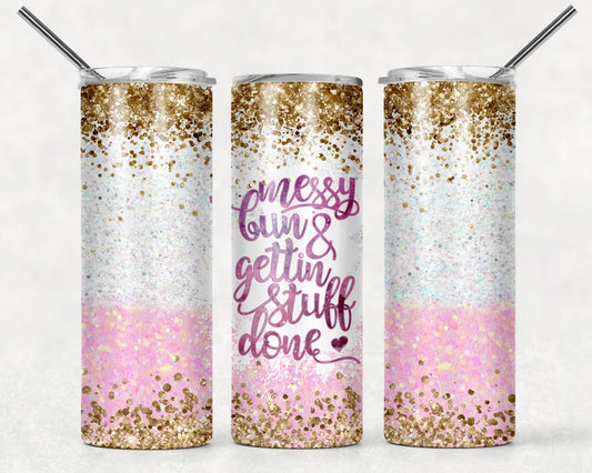 20OZ Skinny Tumbler, Funny Mom Bun Leopard Print Getting Stuff Done