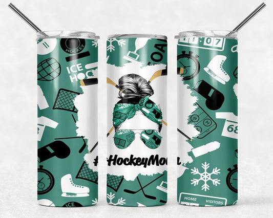 20OZ Skinny Tumbler, Green Ice Hockey Mom Life Mom Bun Hair