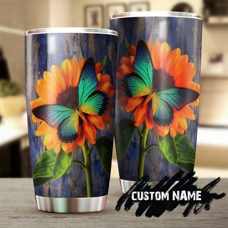 Sunflower Butterfly Art Style Personalized Tumbler-Gift For Sunflower Lover -Sunflower Present-Gift for her for him gift for mom
