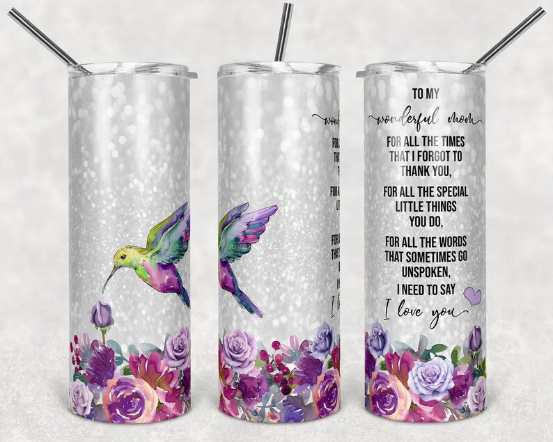 20OZ Skinny Tumbler, Faux Glitter Hummingbird Mom Quote Straight