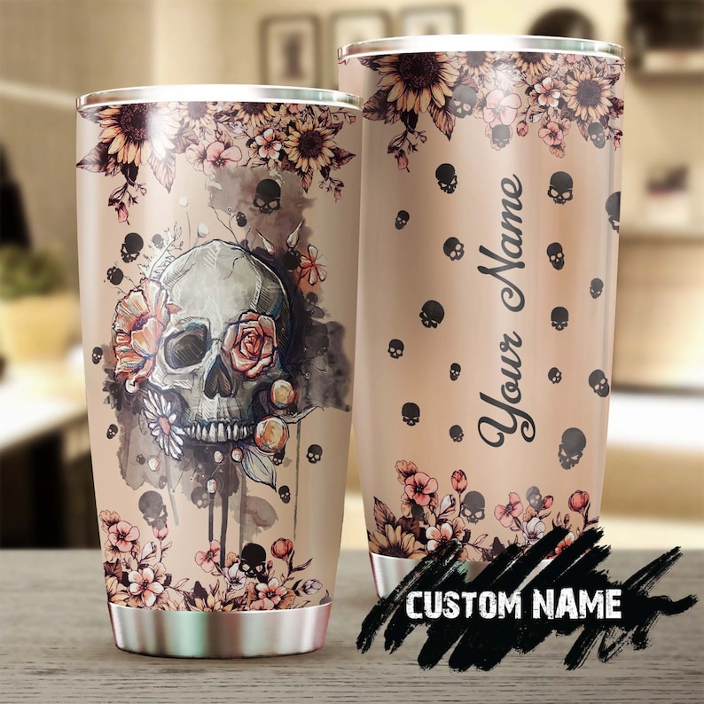 Skull Pink Roses Romantic Personalized Tumbler-Skull Tumbler-Skull Birthday Gift Christmas gift for her Mother's day gift for mom