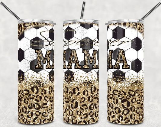 20OZ Skinny Tumbler, Soccer Mama Gold Glitter Leopard