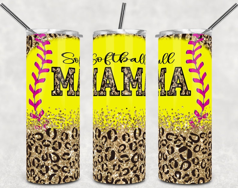 20OZ Skinny Tumbler, Softball Mama Gold Glitter Leopard Skinny Tumbler for Straight/Tapered Tumbler