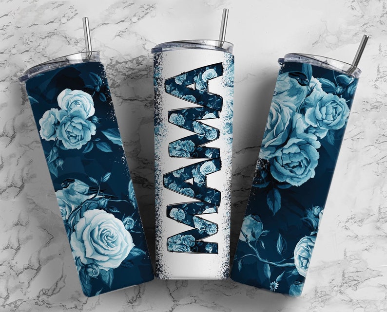20OZ Skinny Tumbler, Blue Flower Mama Tumbler, Mothers Day 20oz straight tumbler, Mama Tumbler,Mom Tumbler