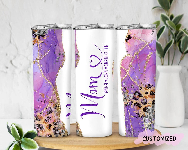20OZ Skinny Tumbler, Personalized Gift For Mom, Birthday Gifts For Mom, Mom Tumbler With Kids Names, Gift for Her Leopard, New Mom Gift, Mom Cup