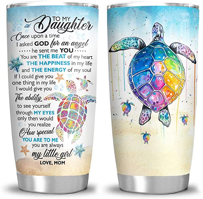 20 oz Tumbler Mom to Daughter Colorful Sea Turtle Gift Tumbler Cup with Lid, Double Wall Vacuum Sporty Thermos Insulated Travel Coffee Mug