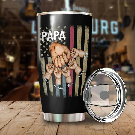 20oz Tumbler 20 oz Personalized Papa Grandkids Hands Flag Tumbler Cup with Lid