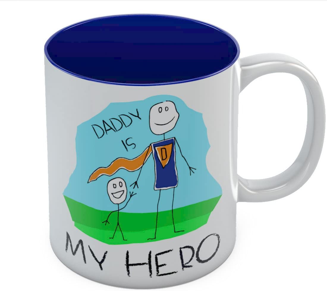 Daddy Is My Hero Kids Drawing - Super Dad Coffee Mug Father's Day Gift from Son, Daughter or Wife, Unique Present for Dad's Birthday Tea Cup