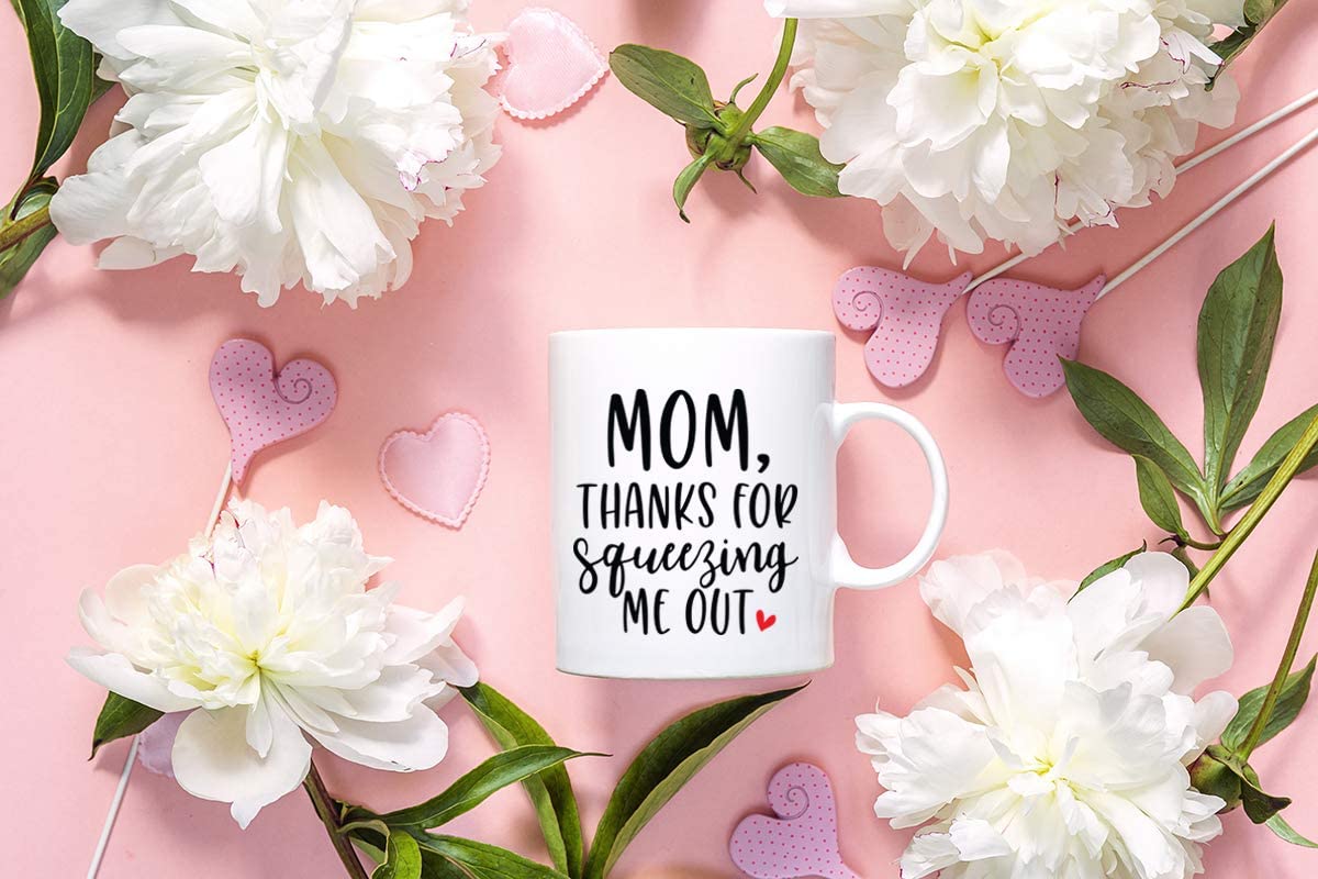 Gifts for Mom Coffee Mug,MOM Thanks For Squeezing me out, Funny Coffee Mug from Daughter, Wife and Son – Mug in Decorative BlueRibbon Gift Box