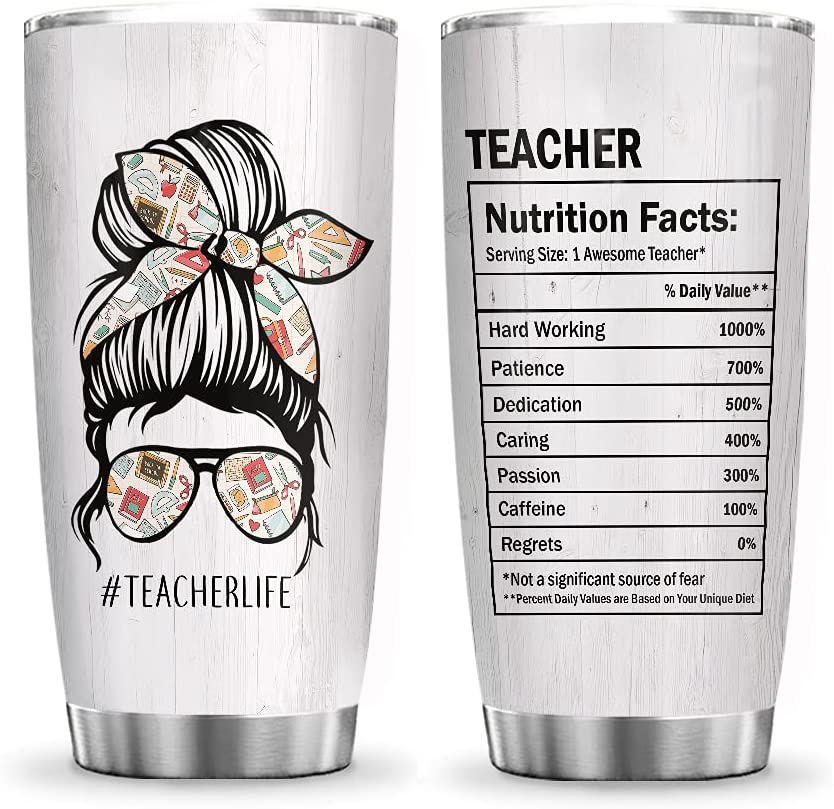 20oz Teacher Life Facts, Gift For Teachers, Teachers Inspiration Tumbler Cup with Lid, Double Wall Vacuum Thermos Insulated Travel Coffee Mug