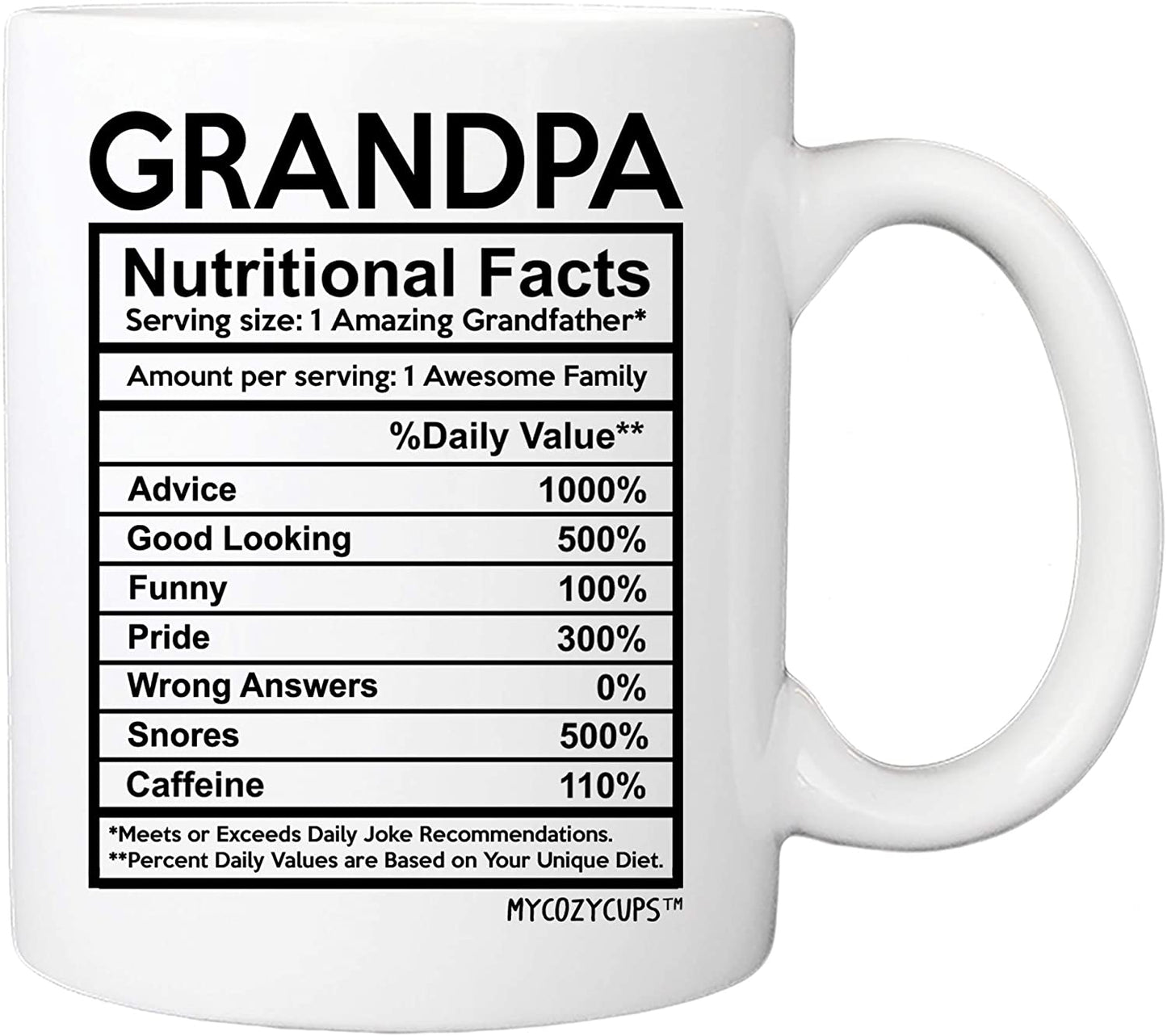 Grandpa Nutritional Facts Label Coffee Mug - 11oz Cup for Granddads, Grandfather, Papa, Papi, Granddaddy from Family, Grandchildren, Son, Daughter