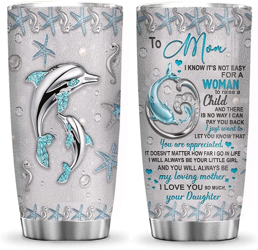 20oz Printed To My Mom Dolphin Jewelry Style Tumbler Cup with Lid, Double Wall Vacuum Thermos Insulated Travel Coffee Mug
