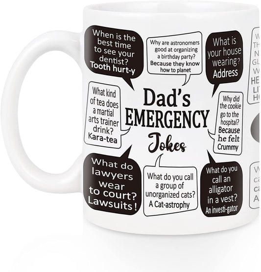 Gift for Dad - Emergency Dad Jokes Coffee Mug - Funny Gag Dad Gifts - Father's Day Gifts for Dad from Daughter Son Kids - Novelty Gift Ideas for Dad
