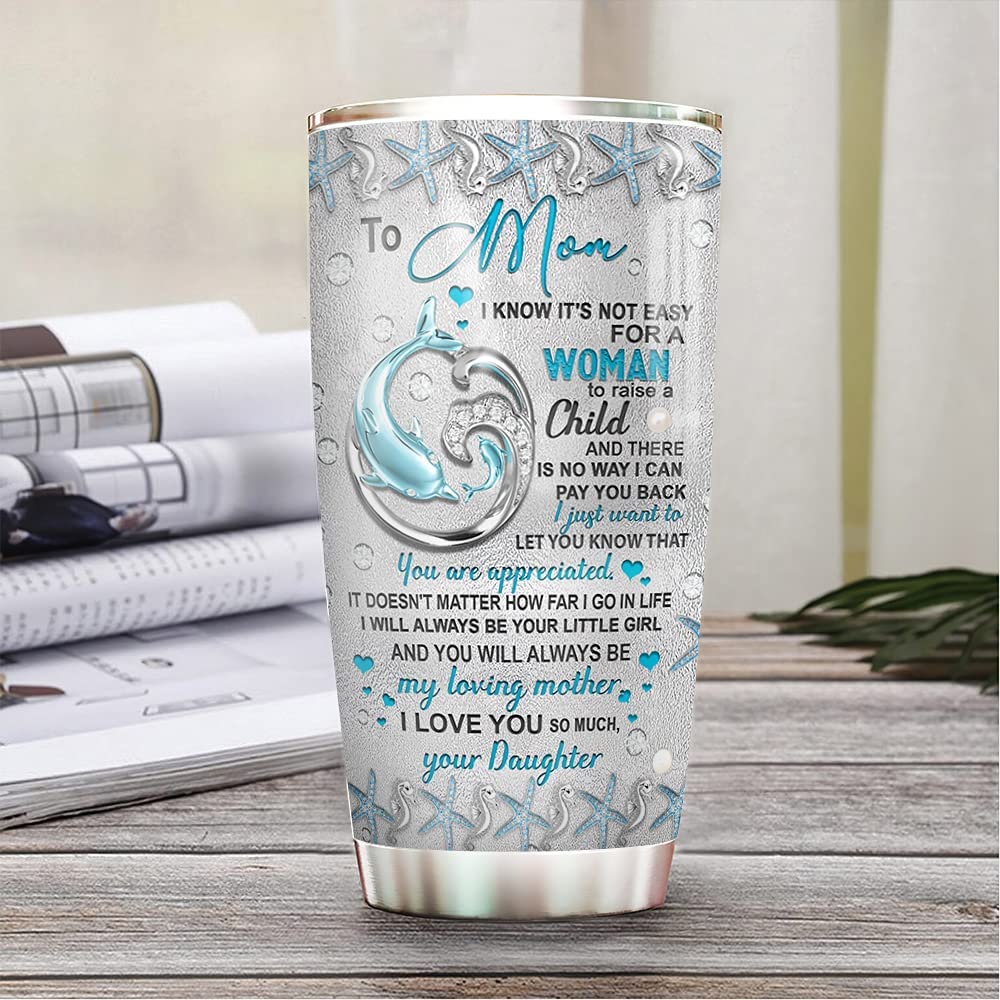 20oz Printed To My Mom Dolphin Jewelry Style Tumbler Cup with Lid, Double Wall Vacuum Thermos Insulated Travel Coffee Mug
