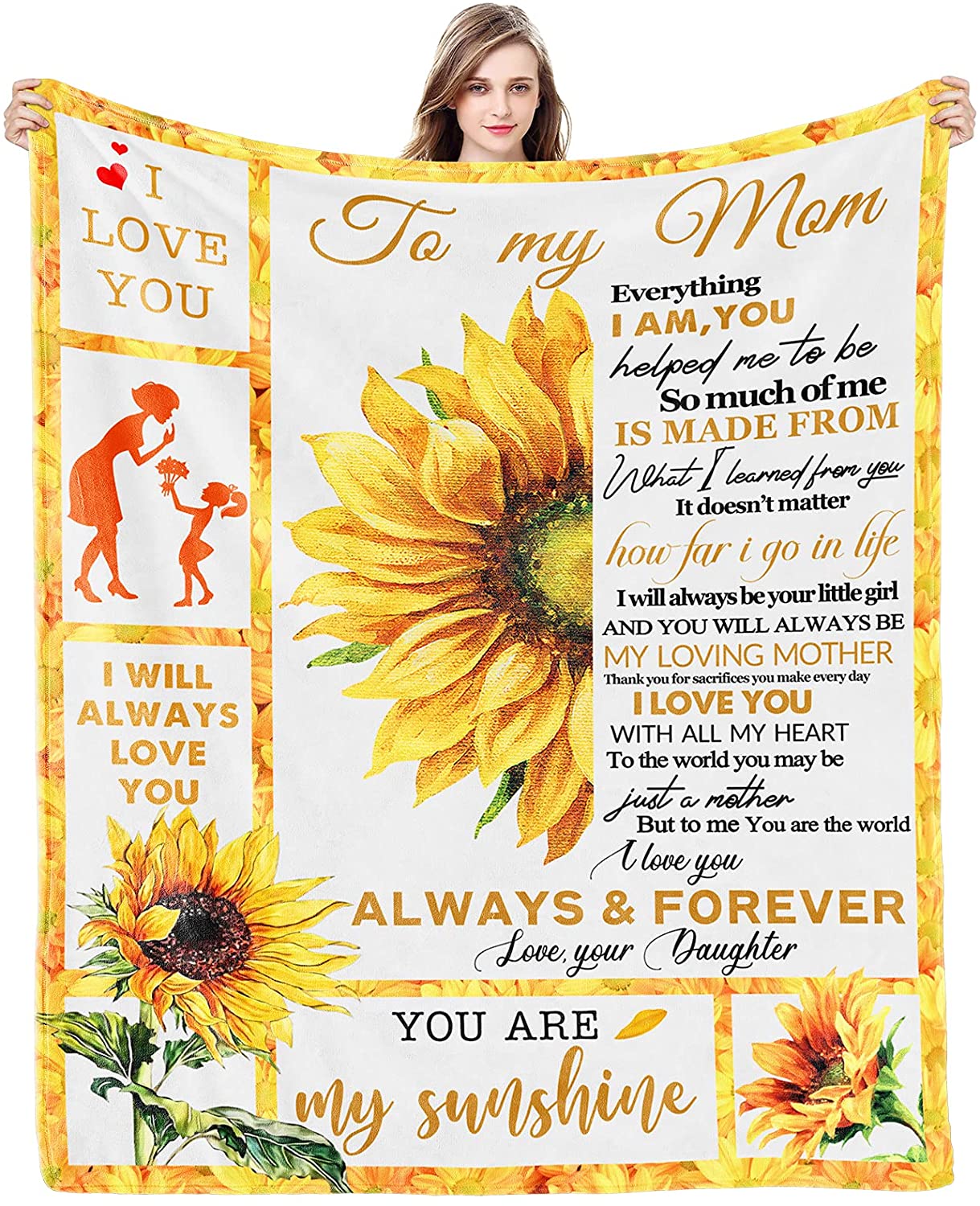 Mom Blanket Gifts for Mom from Daughter Sunflower Blanket to Mom Flannel Blankets Gift from Daughter Birthdays Christmas Mother's Day Soft Throw