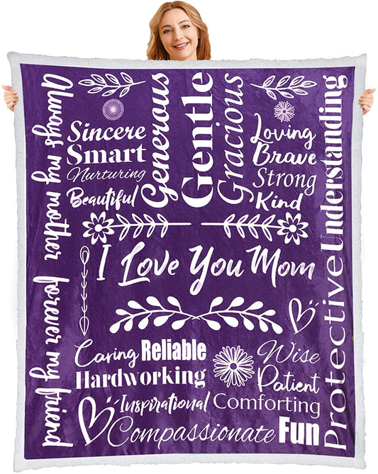 I Love You Mom Blanket - Meaningful Happy Warm, Cozy, Soft Fleece & Sherpa Mom Blanket - Sentimental Present Ideas for Birthday, Valentine's,