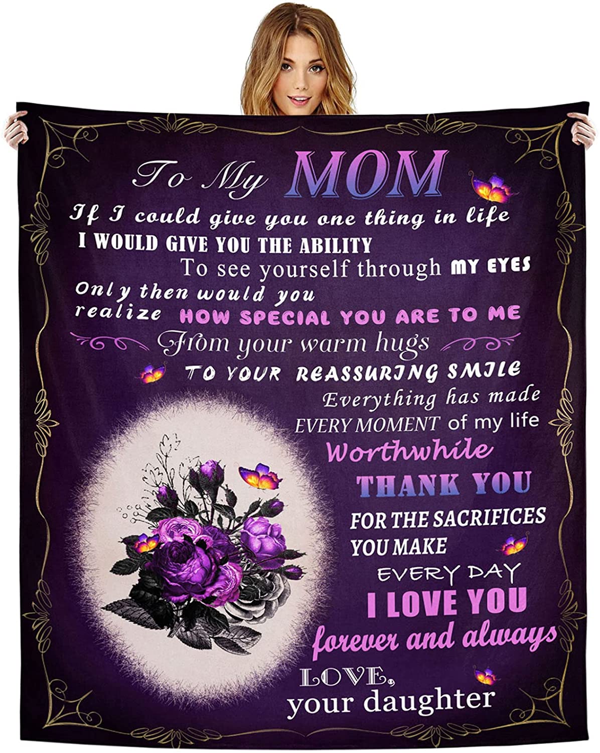 to Mom from Daughter Blanket Soft Mom Blanket Personalized Flannel Throw Blanket Christmas Thanksgiving Birthday Gifts for Mom Butterfly Floral Letter
