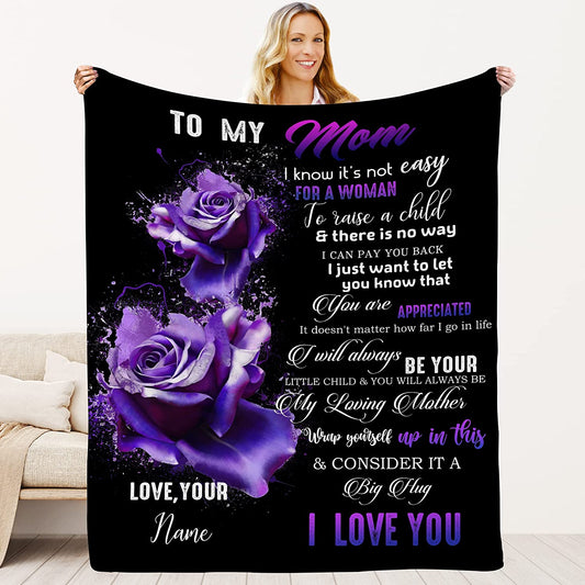 I Love You Mom Blanket with Name Change - Gifts for Mom with Warm Saying on Blanket | Mom Gifts from Daughter or Son for Birthday Soft Fleece Blanket