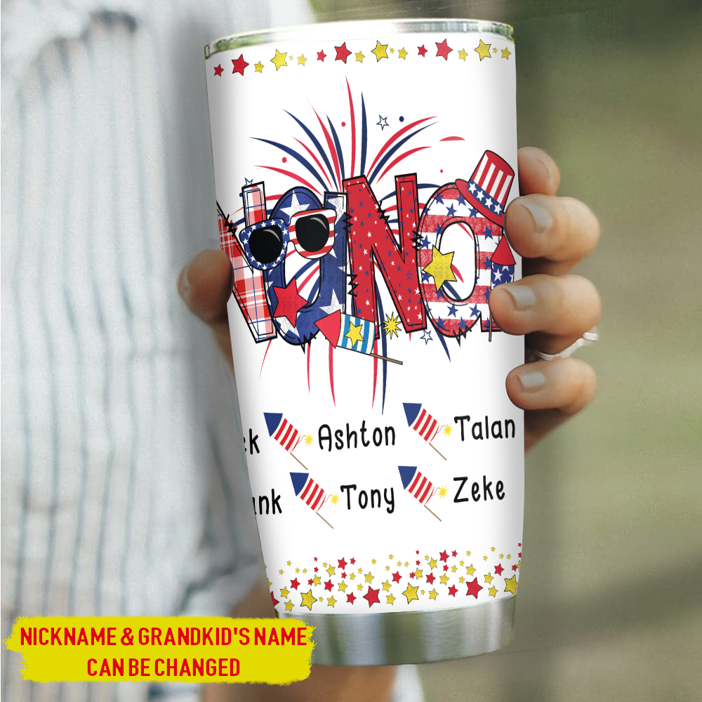 20 oz Tumbler 20 oz Personalized Patriotic Doodle 4th Of July Mimi And Grandkids Tumbler Cup with Lid