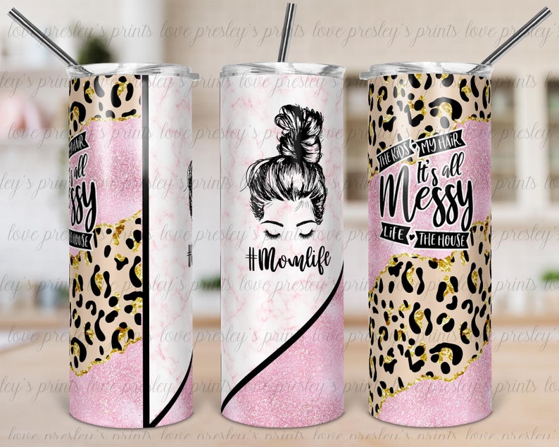 20OZ Skinny Tumbler, Pink Leopard Mom Life Marble Split Tumbler Template Skinny