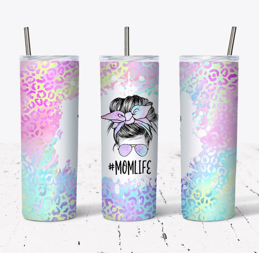 20OZ SKINNY TUMBLER Iridescent Leopard Mom Life Skinny Tumbler Design - Straight & Tapered, Gift For Mom