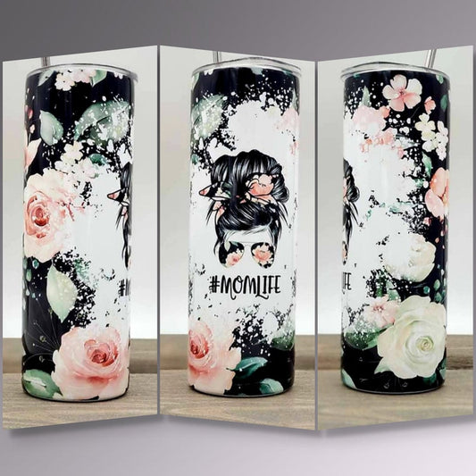 20OZ SKINNY TUMBLER Black Floral Mom Life/ Messy Bun Tumbler/ Mom Bun/ 20oz Skinny Tumbler / Tumbler / Mothers Day