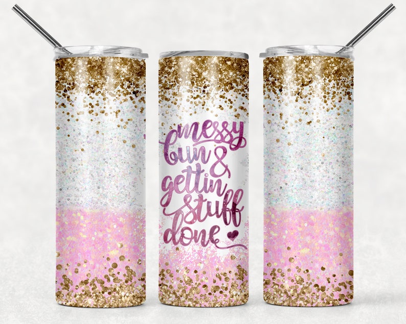 20OZ Skinny Tumbler, Funny Mom Bun Leopard Print Getting Stuff Done