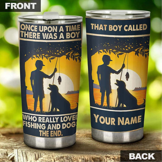 A Boy Who Really Loved Fishing And Dogs Personalized Tumbler-gift for son for grandson-present for Dog lover fishing lover-birthday day gift