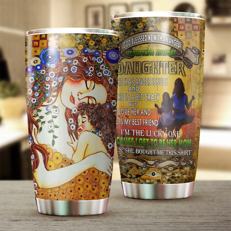 Flower To My Freaking Awesome Daughter Lucky To Be Her Mom Tumbler-Birthday Christmas Mother's day Gift for daughter from Mom