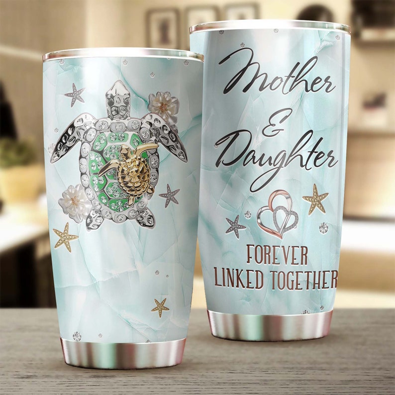 Turtle Mom And Daughter Forever Linked Mother's day gift Personalized Tumbler-Turtle Present-Birthday Christmas gift for mom for daughter