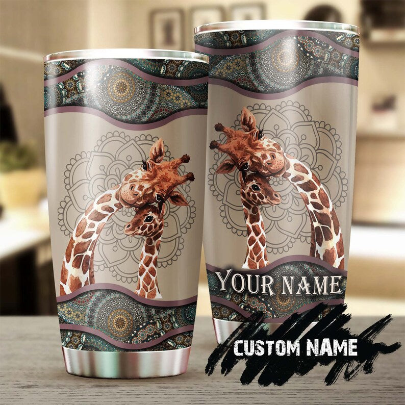 Giraffe Mom And Baby Giraffe Boho Hippie Style Personalized Tumbler-gift for Giraffe lover-Birthday gift Christmas Mother's day gift for mom
