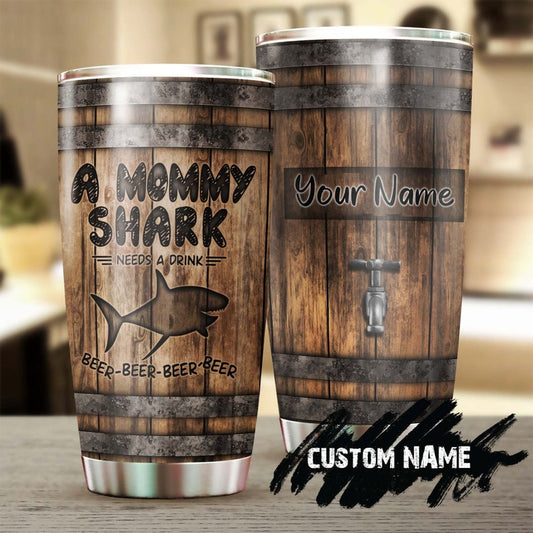 Wooden Style Shark Mommy Needs A Beer Funny Personalized Tumbler-Birthday gift Christmas Gift Mother's day Gift for Mom From Son Daughter