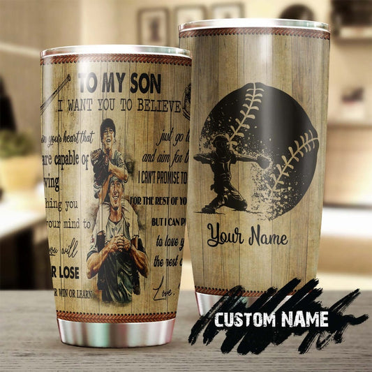 Baseball Dad To My Son Vintage Personalized Tumbler-Birthday Christmas Gift day for son from dad