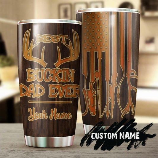Deer Best Bucking Dad Ever Wooden Style Personalized Tumbler-Birthday Christmas Hunting Gift Father's day Gift for dad from son