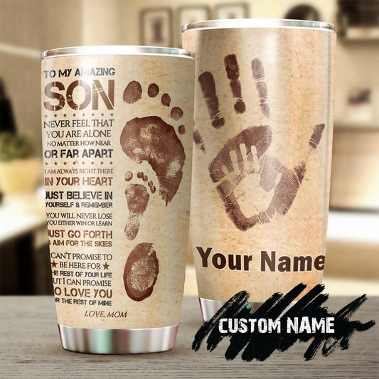 To My Son Hand Print Foot Print I Love You Son Personalized Tumbler-Unique Meaningful Birthday Gift Christmas Gift day for son from mom