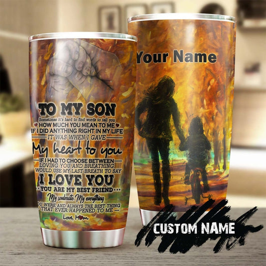 To My Son Hand In Hand Mom Autumn I Love You Son Personalized Tumbler-Unique Meaningful Birthday Gift Christmas Gift day for son from mom
