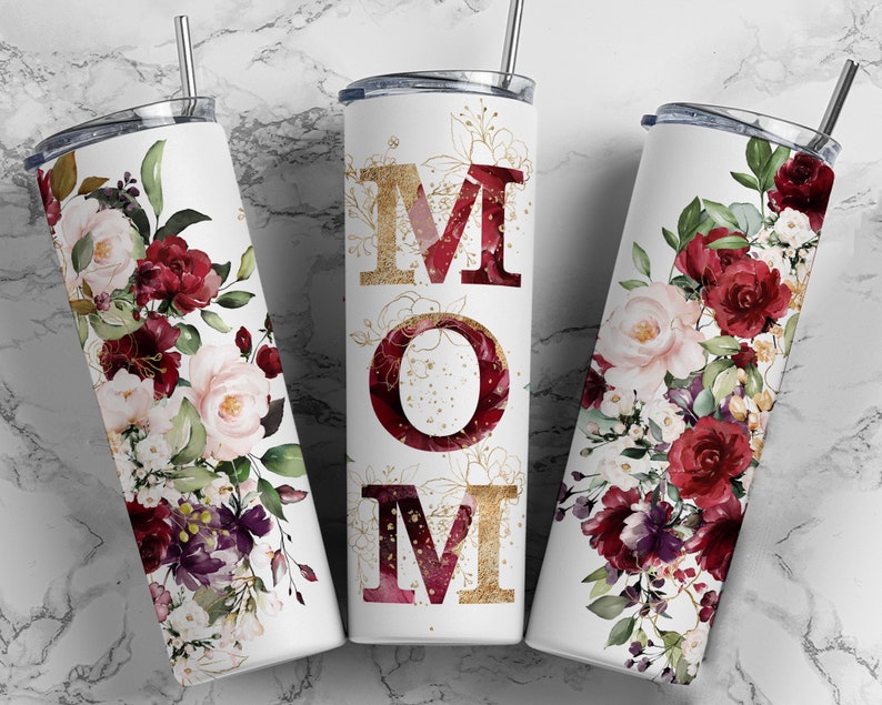 20OZ Skinny Tumbler, Mom Mother's Day Red Rose Gold Floral