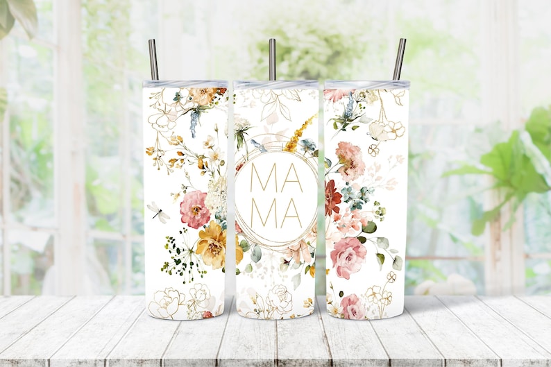 20OZ Skinny Tumbler Mama Pink Rose Gold Floral Tumbler