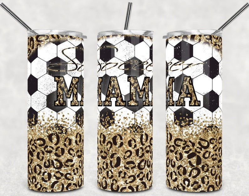 20OZ Skinny Tumbler, Soccer Mama Gold Glitter Leopard