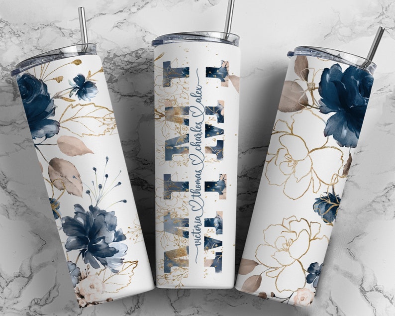 20OZ SKINNY TUMBLER Custom MIMI Mothers Day Travel Mug - Tumbler Cup 20oz - Skinny Tumbler - Blue Floral - Coffee Lover