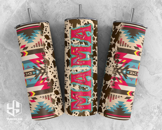 20OZ SKINNY TUMBLER Aztec Tribal Mama Tumbler, Southwest Print, Cowhide Navajo Mom Tumbler Wrap, Gift For Mom