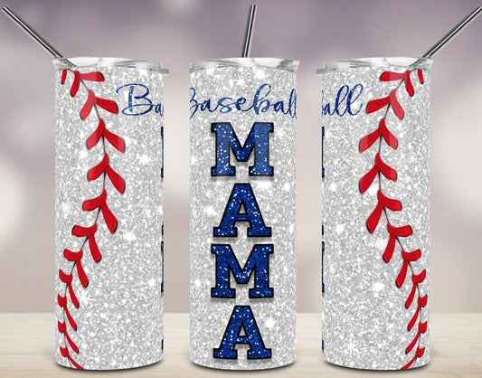 20OZ Skinny Tumbler, Baseball Mama Blue Glitter Skinny Tumbler